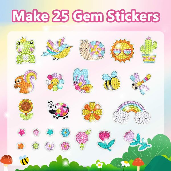 DIY Sparkle Gem  Children's Kids 6 Stickers Cartoon Diamond Painting,Fun Arts and Crafts Kits Magical  Art 19x19cm Garden