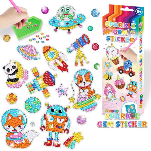 DIY Sparkle Gem  Children's Kids 6 Stickers Cartoon Diamond Painting,Fun Arts and Crafts Kits Magical Cute Art 19x19cm Sparce