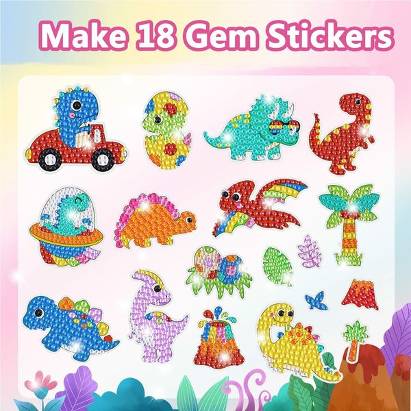 DIY Sparkle Gem  Children's Kids 6 Stickers Cartoon Diamond Painting,Fun Arts and Crafts Kits Magical Cute Art 19x19cm Dino