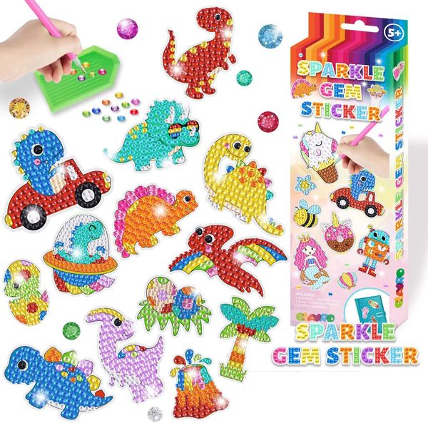 DIY Sparkle Gem  Children's Kids 6 Stickers Cartoon Diamond Painting,Fun Arts and Crafts Kits Magical Cute Art 19x19cm Dino