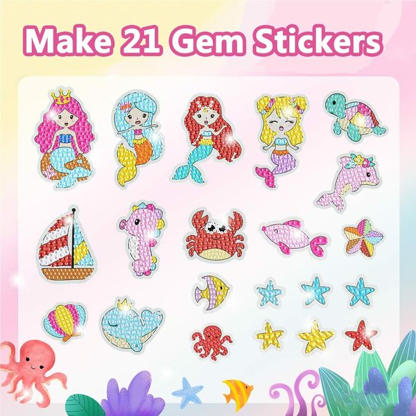 DIY Sparkle Gem  Children's Kids 6 Stickers Cartoon Diamond Painting,Fun Arts and Crafts Kits Magical Cute Art 19x19cm Mermaid