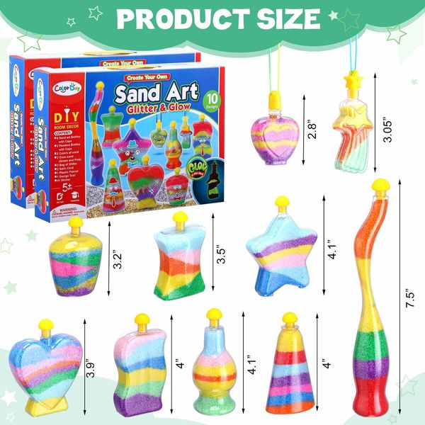 10 Bottles Sand Art Kits for Kids, Sand Art Activity Kit  Colored Pendent Bottles Funnels Stick Glow in The Dark Sand Art Glitter Packets Stickers for DIY