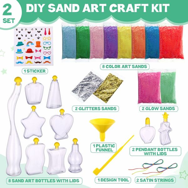 10 Bottles Sand Art Kits for Kids, Sand Art Activity Kit  Colored Pendent Bottles Funnels Stick Glow in The Dark Sand Art Glitter Packets Stickers for DIY