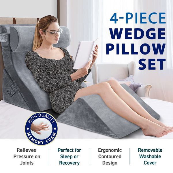 4 Pcs Bed Wedge Pillow Set Neck Back Head Leg Support Velvet Fabric Adjustable Triangular Cushion