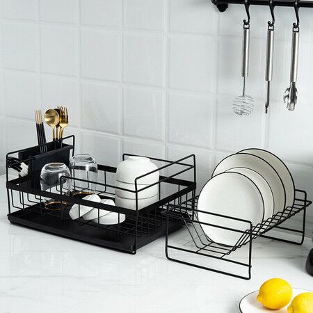 Kitchen Storage Organizer Dish Drainer Drying Rack Iron Sink Holder Tray For Plate Cup Bowl Tableware Shelf Basket Black