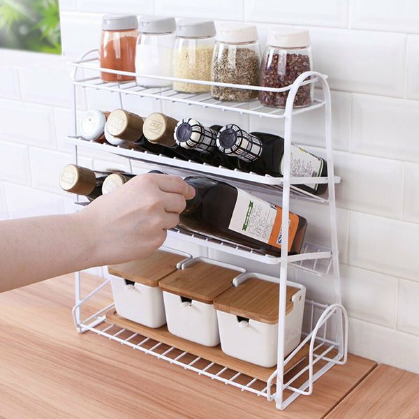 4 Tiers Metal Kitchen Spice Rack Jars Bottle Organizer Bathroom Storage ShelfBlack