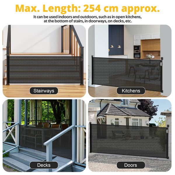 Retractable Baby Gate Pet Safety Dog Cat Fence Enclosure Safe Guard for Stairs Puppy Security Barrier Mesh Indoor Outdoor Fencing 254cm Black