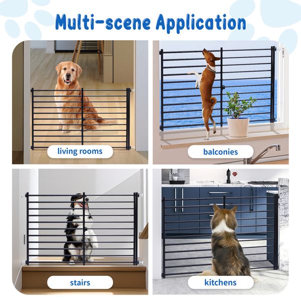 Dog Pet Safety Gate Cat Fence Guard Security Enclosure Stair Barrier Retractable Portable Low Puppy Containment System Metal Black 60cm High