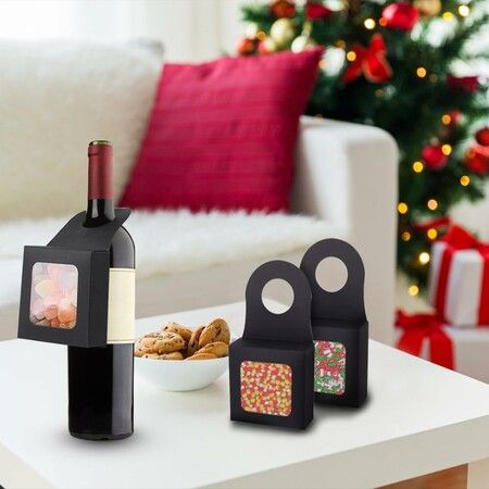 25pcs Kraft Paper Wine Bottle Box with Window Foldable Black Wine Candy Boxes for Christmas New Year Wedding Parties Favor Wine Accessory Sets