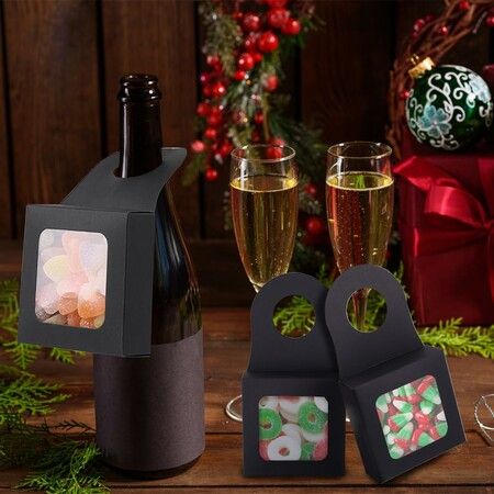 25pcs Kraft Paper Wine Bottle Box with Window Foldable Black Wine Candy Boxes for Christmas New Year Wedding Parties Favor Wine Accessory Sets