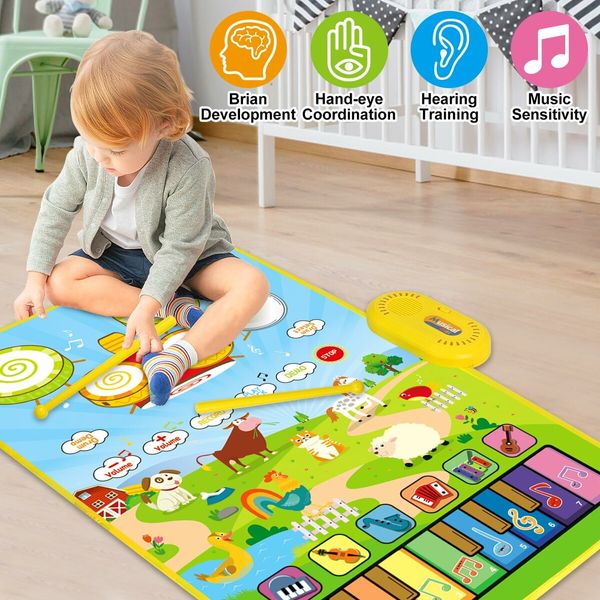 3 in 1 Musical Piano & Drum Mat with 2 Sticks Early Educational Learning Toys for Kids Ages 3+ Animal Touch Play Blanket