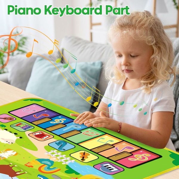 3 in 1 Musical Piano & Drum Mat with 2 Sticks Early Educational Learning Toys for Kids Ages 3+ Animal Touch Play Blanket