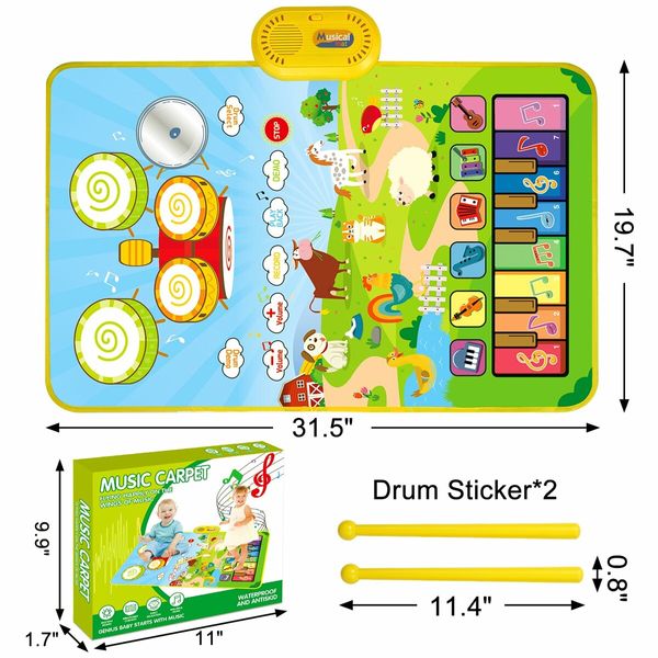 3 in 1 Musical Piano & Drum Mat with 2 Sticks Early Educational Learning Toys for Kids Ages 3+ Animal Touch Play Blanket