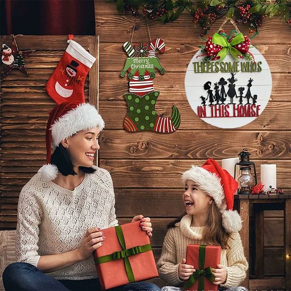Christmas Grinch Door Sign Christmas Wreath Sign Decor Merry Christmas Wall Decor Wooden Door Hangers Wreath