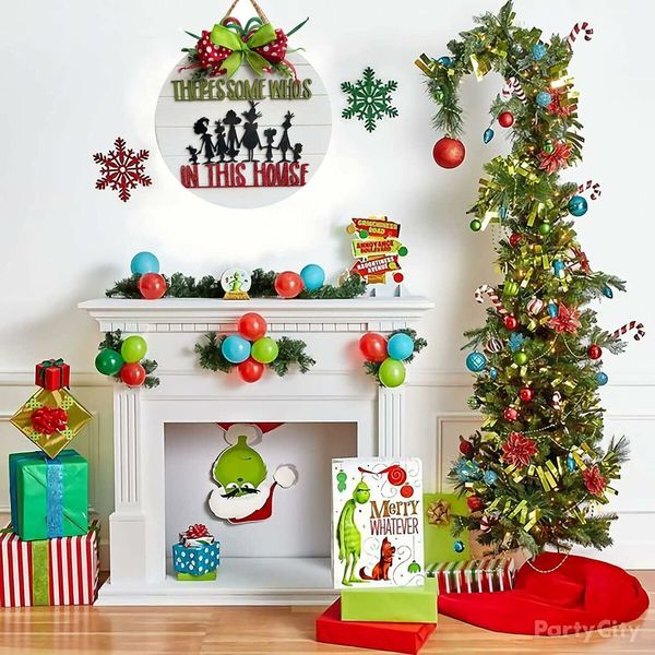 Christmas Grinch Door Sign Christmas Wreath Sign Decor Merry Christmas Wall Decor Wooden Door Hangers Wreath