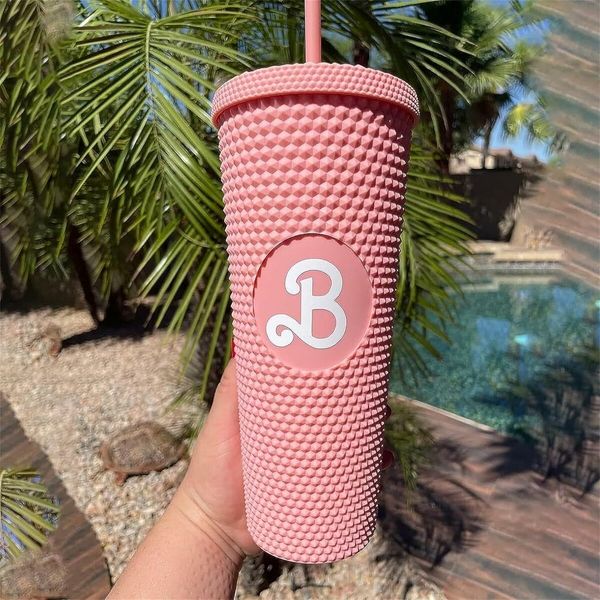 Bubble Tea Tumbler Cold Cups with Lid and Straw,24Oz Leakproof Travel Mug,Studded Pink Ice Coffee Cups,for Cold and Hot Drink