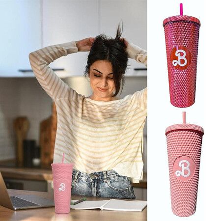 Bubble Tea Tumbler Cold Cups with Lid and Straw,24Oz Leakproof Travel Mug,Studded Pink Ice Coffee Cups,for Cold and Hot Drink