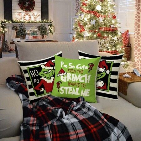 Christmas Pillow Covers Set of 4 18x18 Inch, Farmhouse Christmas Decorations, Set of 4 Christmas Decorations for Home