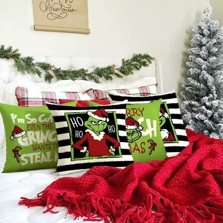 Christmas Pillow Covers Set of 4 18x18 Inch, Farmhouse Christmas Decorations, Set of 4 Christmas Decorations for Home