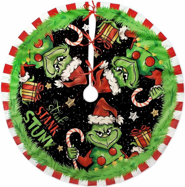 Christmas Tree Skirt 48 inch Grinch Tree Skirts Xmas Red Green Plaid Tree Skirt New Year Holiday Party Decor