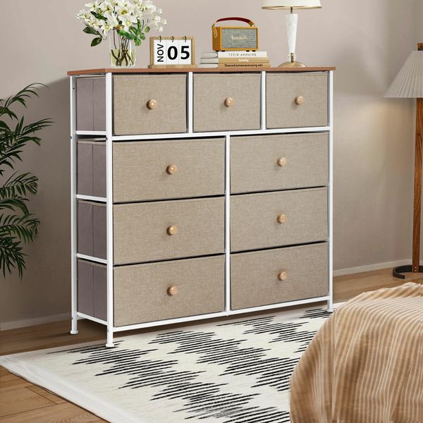 Chest of 9 Drawers Dresser Tallboy Storage Unit Cabinet TV Entertainment Wardrobe Stand Table Closet Organizer Bedroom Organiser Furniture Oak