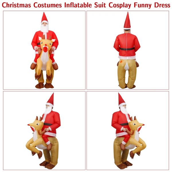 Inflatable Christmas Santa Claus Elk Costume, Blow Up Christmas Santa Claus Reindeer Rider Cosplay Suit for Youth, Adult(Suitable for Height 150-190 CM)