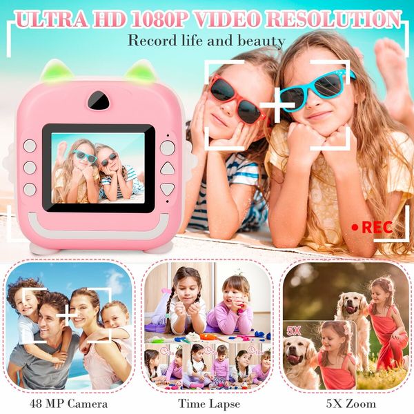 Kids Camera Instant Print Toddler Digital Camera 1080P HD  Instant Print Photo with 2 Rolls Photo Paper 32GB Card