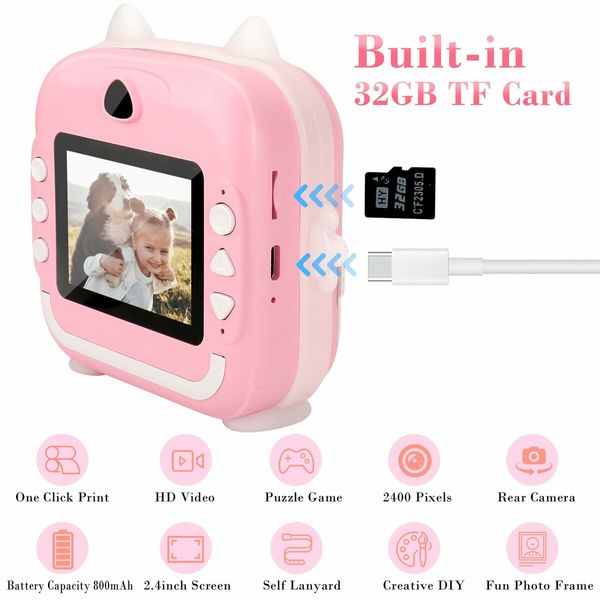 Kids Camera Instant Print Toddler Digital Camera 1080P HD  Instant Print Photo with 2 Rolls Photo Paper 32GB Card