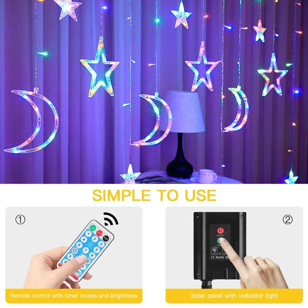 3.5m Solar Lights Outdoor Moons Stars PVC String Lights  USB Rechargeable Remote Twinkle Fairy Lights for Patio Gazebo Ramadan Porch MultiColor