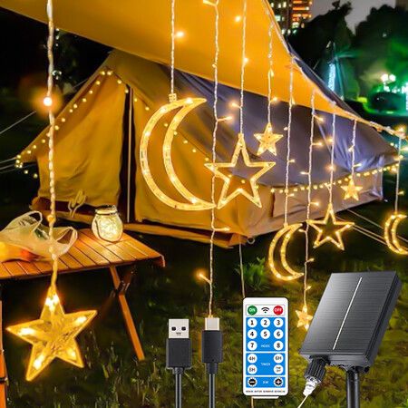 3.5m Solar Lights Outdoor Moons Stars PVC String Lights Solar Curtain Lights USB Rechargeable Remote  Fairy Lights for Patio Gazebo  Porch Warm Color