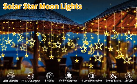 3.5m Solar Lights Outdoor Moons Stars PVC String Lights Solar Curtain Lights USB Rechargeable Remote  Fairy Lights for Patio Gazebo  Porch Warm Color