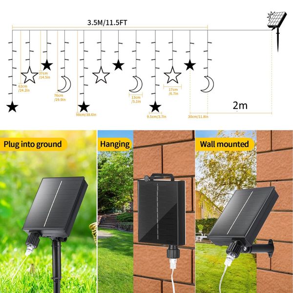 3.5m Solar Lights Outdoor Moons Stars PVC String Lights Solar Curtain Lights USB Rechargeable Remote  Fairy Lights for Patio Gazebo  Porch Warm Color