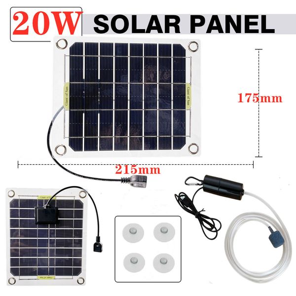 Solar Power 20W Monocrystalline Silicon Portable Solar Oxygenator with USB for Outdoor Aquariums and Fish Tanks Pond