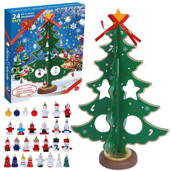 Christmas 24 Days Countdown Advent Calendar with 28 Ornaments Decoration,Christmas Toys,Countdown calendar,Christmas countdown,12In Wooden Tabletop Christmas Tree with Santa,Snowman Miniature Ornaments