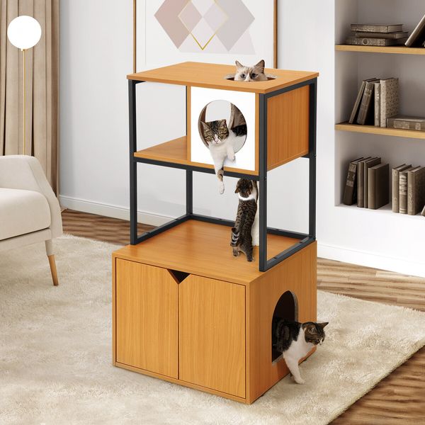 All In One Cat Tree Litter Box Enclosure Condo Scratching Post Climber Tower Kitty Play Gym House Pet Furniture Bed Perch Entrance Cabin Toilet Washroom