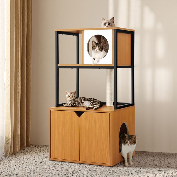 All In One Cat Tree Litter Box Enclosure Condo Scratching Post Climber Tower Kitty Play Gym House Pet Furniture Bed Perch Entrance Cabin Toilet Washroom