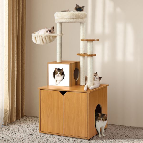 2 In 1 Cat Tree Litter Box Enclosure Scratching Post Tower Kitty Play House Pet Furniture Bed Condo Hammock Entrance Cabin Toilet Washroom