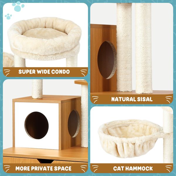 2 In 1 Cat Tree Litter Box Enclosure Scratching Post Tower Kitty Play House Pet Furniture Bed Condo Hammock Entrance Cabin Toilet Washroom