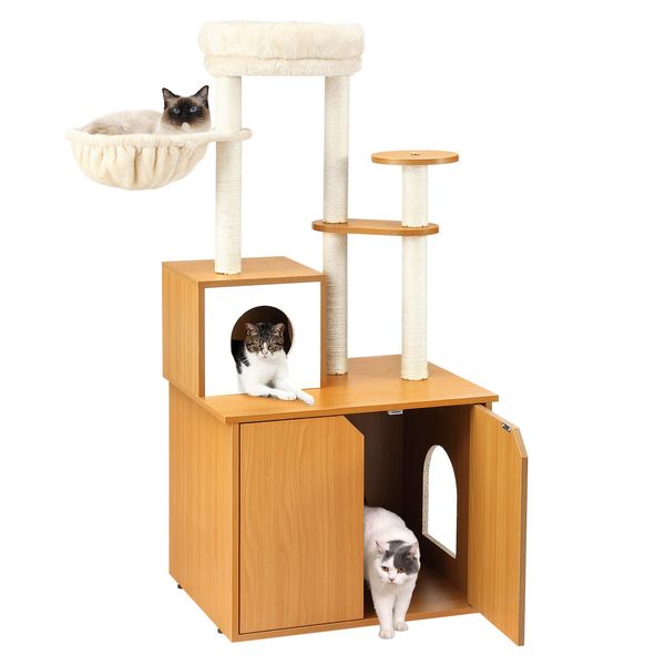 2 In 1 Cat Tree Litter Box Enclosure Scratching Post Tower Kitty Play House Pet Furniture Bed Condo Hammock Entrance Cabin Toilet Washroom