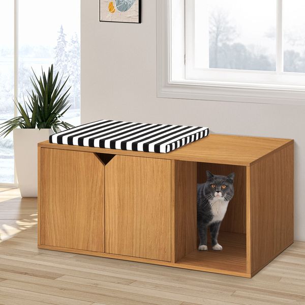 Cat Litter Box Enclosure House Cabin Pet Furniture Entrance Hidden Storage Bench Side Table Cabinet Indoor Toilet Kitty Washroom Cushion