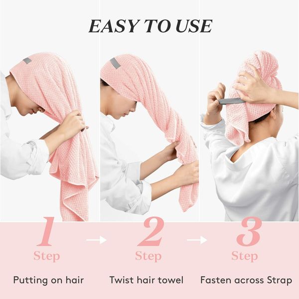 Large Microfiber Hair Towel Wrap for Women,Anti Frizz Hair Drying Towel with Elastic Strap,Fast Drying Hair Turbans for Wet Hair,Long,Thick,Curly Hair,Pink