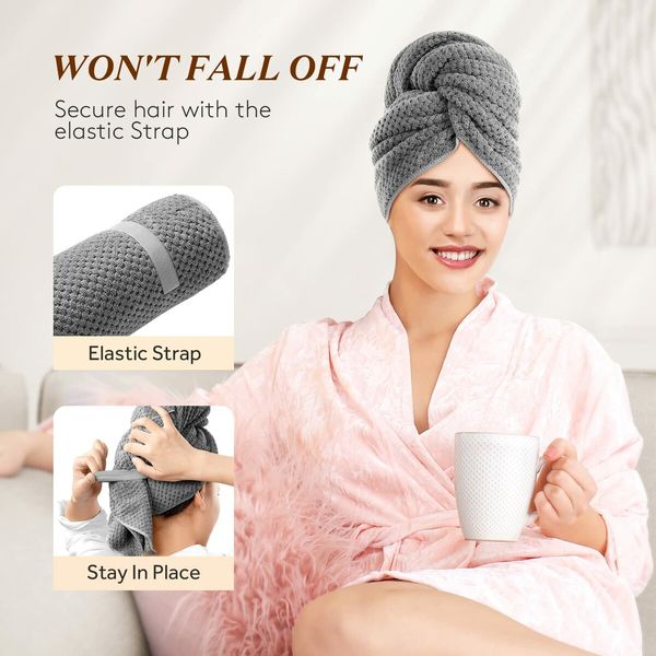 Large Microfiber Hair Towel Wrap for Women,Anti Frizz Hair Drying Towel with Elastic Strap,Fast Drying Turbans for Wet Hair,Long,Thick,Curly Hair,Super Soft Hair Wrap Dark Gray