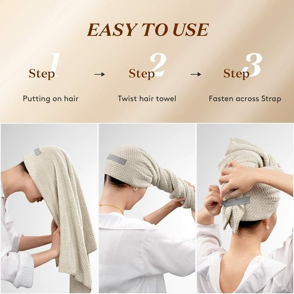 Large Microfiber Hair Towel Wrap for Women,Anti Frizz Hair Drying Towel with Elastic Strap,Fast Drying Hair Turbans for Wet Hair,Long,Thick,Curly Hair,Camel