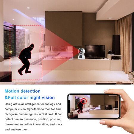 2MP X 2 Dual Lens Indoor Security Camera,WiFi Wireless Security Camera,for Home Security Camera,Motion Tracking, Night Vision,2-Way Audio with Phone App