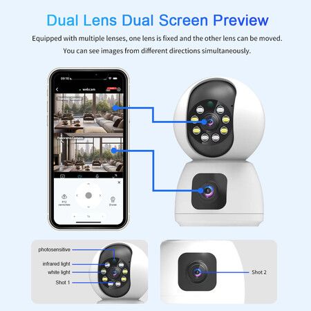 2MP X 2 Dual Lens Indoor Security Camera,WiFi Wireless Security Camera,for Home Security Camera,Motion Tracking, Night Vision,2-Way Audio with Phone App