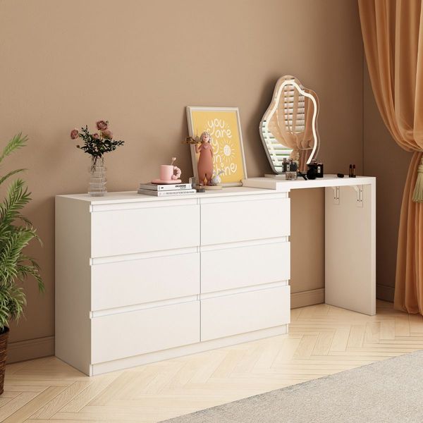 6 Chest of Drawers Dresser Makeup Vanity Table Tallboy Storage Cabinet Beauty Work Station Bedside Adjustable Bedroom Furniture White