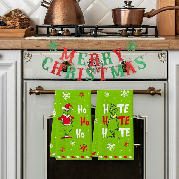 Christmas Grinch Kitchen Towels, 2 Pack Holiday Collection Dish Towels, Absorbent Bathroom Hand Towels