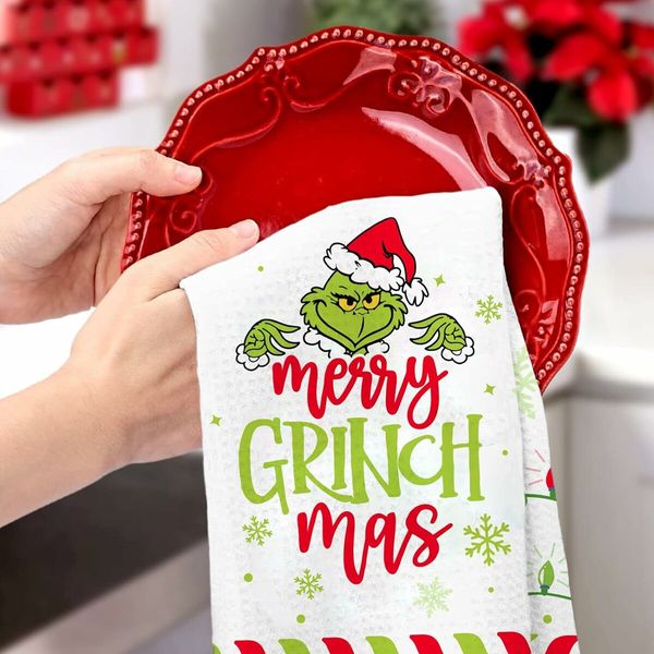 Christmas Grinch Kitchen Towels, 2 Pack Holiday Collection Dish Towels, Absorbent Bathroom Hand Towels