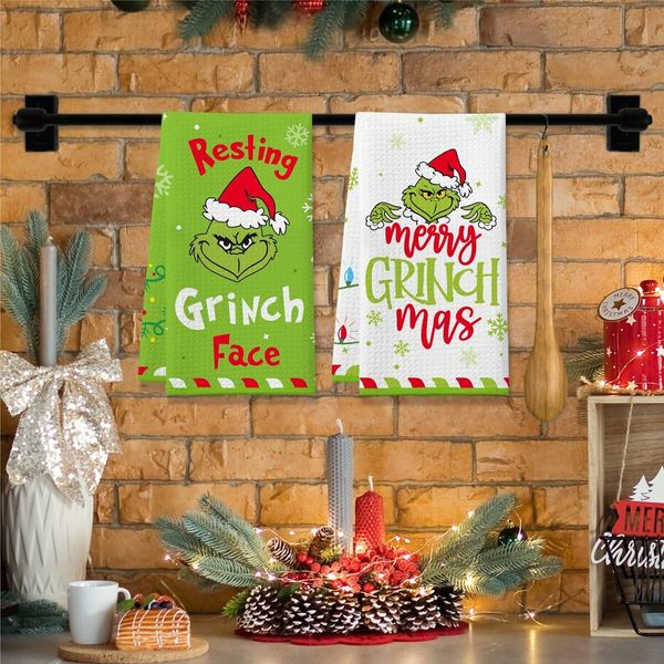 Christmas Grinch Kitchen Towels, 2 Pack Holiday Collection Dish Towels, Absorbent Bathroom Hand Towels