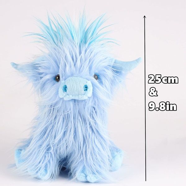 25cm Highland Cow Stuffed Animal Realistic Cow Plush Cattle Simulation Highland Cuddly Plushie Doll Farm Home Decor(Blue)